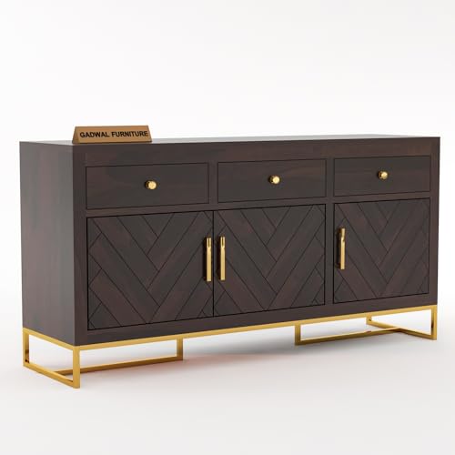 Image of Solid Sheesham Wooden Sideboard Cabinet with 3 Drawer & 3 Shelves - Chest of Drawers Wooden Drawer Storage Cabinet for Bedroom Living Room Storage (Walnut Finish)