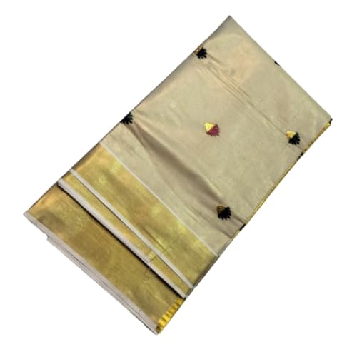 Image of Women's Kerala Kasavu Golden Gold Tissue Saree with Running Blouse Piece | Kerala Onam Saree with Tissue Mural Painted (Saree 5.5 meter, Blouse Piece 0.8 meter)