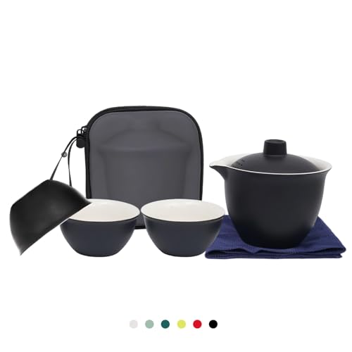 Coolpei Juego de té de porcelana china de Gongfu para adultos, juego de tetera y taza de Kungfu portátil, juego de té de cerámica pequeña, taza de té de viaje con tapa para regalo en el hogar, al aire