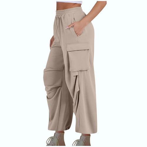 Womens Fall Cargo Sweatpants Casual Trendy High Waist Elastic Athletic Pant Comfy Solid Color Workout Running Trousers