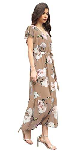 Image of VintageClothing Womens Sundress Casual Floral Summer Boho Dress | Flowy Wrap V Neck Ruffle A-Line Pleated Hem Midi Dresses