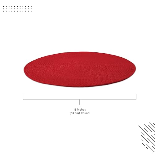 Image of Dining Table Mats Set of 4 | Cotton Table Mat 32 cm Diameter, Encasa XO Washable Round Table Mats, Heat Resistance Dining Table Placemats, Handmade Ribbed Style for Centre Table, Red