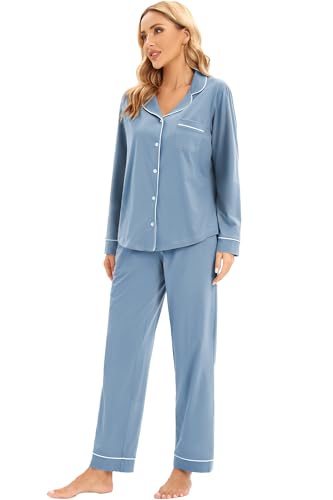 Image of LUBOT 100% Cotton Pajamas for Women Pajama Set Soft 2 Piece Sleepwear PJ Set Long Sleeve Button Knit Cozy Loungewear XS-XXL