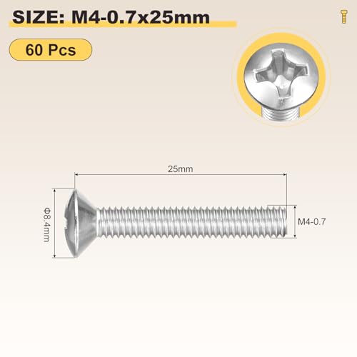 Image of METALLIXITY Semi-Countersunk Oval Head Machine Screws (M4-0.7x25) 60Pcs, 304 Stainless Steel Phillips Cross Recessed Machine Screw Bolts - for Furniture Assembly DIY Projects, Silver