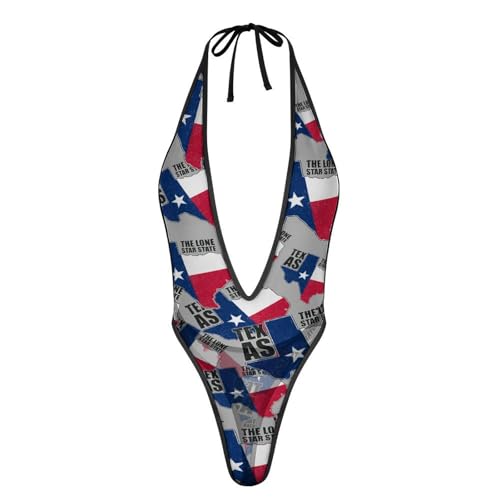 Texas Flag and Map of State Deep V Halter Lingerie Bodysuit Sexy Mesh Teddy Babydoll for Women 1 Piece M