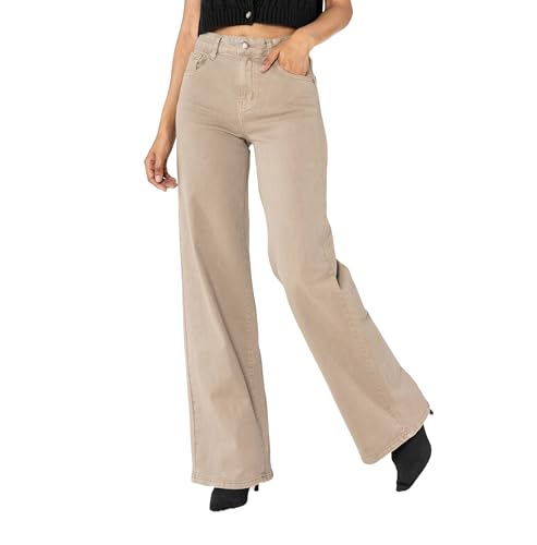 Nina Carter J251 damskie spodnie jeansowe z wysokim stanem, szerokie nogawki, rozciągliwe spodnie dżinsowe, styl Used Look, beżowy (J251-3), S Szczupły