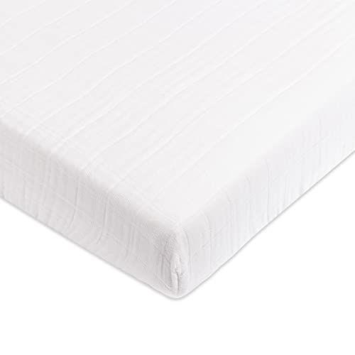 Image of Babyletto 100% Organic Cotton Mini Crib Sheet, GOTS-Certified, Fitted 360°, Ultra-Soft and Breathable Muslin - Plain White