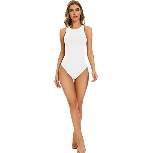 Kepblom White Tank Top Bodysuit For Women Sexy Sleeveless Racer Back Halter Neck Bodysuits,L #TOP1