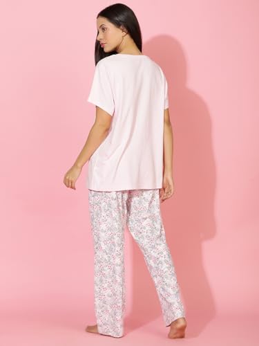Image of HOMEGROWN Women's 100% Cotton Night Suit | Half Sleeve T-Shirt & Pyjama Set | Soft & Breathable Summer Sleepwear | XS-XXL