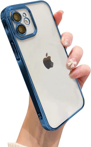 Image of VONZEE TPU Transparent Case Compatible With Iphone 12 (6.1 Inch), Luxury Electroplated Soft Edge Bumper Case, Full Camera Protection & Shockproof Case Cover (Blue)