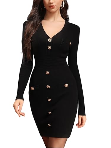 M.Infisavo Womens Sweater Knit Bodycon Dress, V Neck Mini Casual Dresses Long Sleeve Button Down Vintage Fall Elegant Outfit