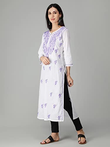 Image of Seva Chikan Hand Embroidered Lucknowi Chikankari Regular Straight Cotton Kurta Kurti for Women SCL4243