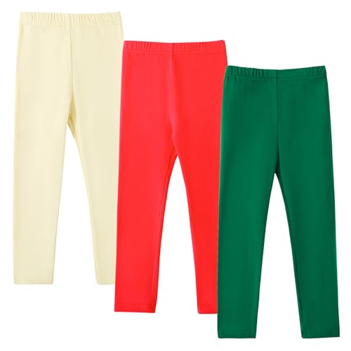 HILEELANG Girls Cotton Leggings 3 Pack – Ivory/Red/Green, Soft Stretch Pull-On Pants for Kids, Basic Leggings, Ages 1–14