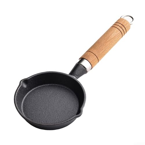 キッチン用 ミニフライパン 鋳鉄製 10cm 木製ハンドル付き 片手鍋 目玉焼き お弁当 朝食 スキレット IH対応 高熱伝導 耐久性 ノンスティック加工 家庭用調理器具 卵焼き器 油きり(A10CM)