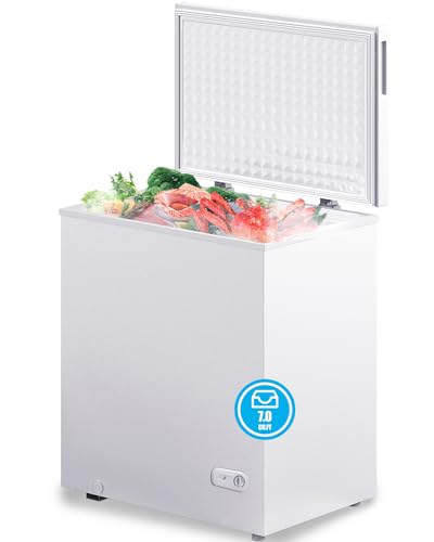 7.0 Cu.Ft Chest Freezer,Deep Freezer with Removable Basket,7.0 Cubic Feet Compact Freezer with Top Open Door, Adjustable Temperature, Low noise，Suitable for Kitchen Dorm Garage and Shed，White