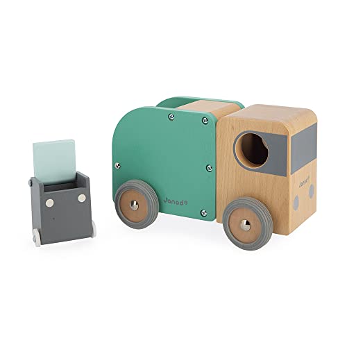 Image of Janod - Bolid Solid Wood Recycling Truck - Magnetic Bin Included - Silent Wheels - Imagination and Fine Motor Skills - Water-Based Paints - 2 Years + J04633, Green