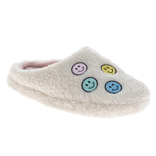 Josmo Kids Fuzzy Slippers for Girls or Boys Plush Slip-On House Shoes Smiley Face Strap Back Cozy Indoor Slides - White Multi Size 12 Little Kid