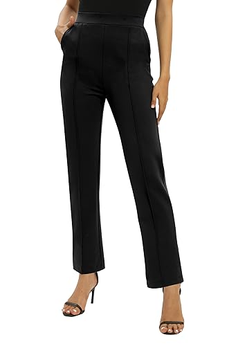 EXCHIC Damen Business Büro Gerades Bein Arbeits Hosen Freizeit Elastische Taille Hosen mit Taschen(XL, Schwarz)