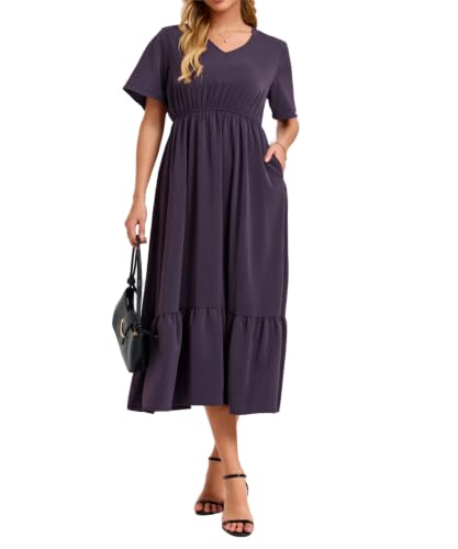 Image of Women's Summer Short Sleeve Maxi Floral Flowy Dresses with Pockets