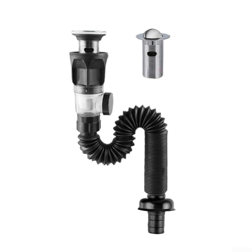 Tuyau d'évacuation d'évier de salle de bain en acier inoxydable avec anti-noyau, flexible et télescopique 300-900 mm pour évacuation murale ou au sol, noir