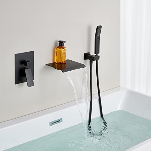 Wowkk Waterfall Tub Faucet Wall Mount Tub Filler Oil Rubbed Bronze Roman Bathtub Faucet Brass Single Handle Bathroom Faucet With Hand Shower #TOP2