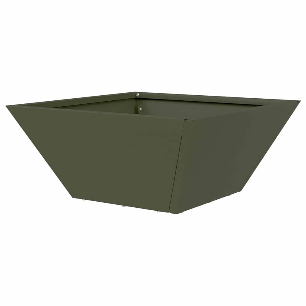 Doniczka ogrodowa Zielony oliwkowy 35 x 35 x 15 cm metalowa nowoczesna trapezowa donica na kwiaty na taras i do ogrodu stal zimnogieta łatwy montaz