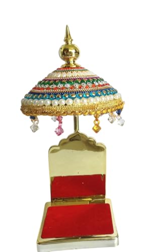 Image of Decorated Adjustable Umbrella Chhatra with Hanging Crystals (20x10x10cm) for God Idol, Car Dashboard Office Desk Table Home Temple Decor Showpiece, Chatri Aasan L -19