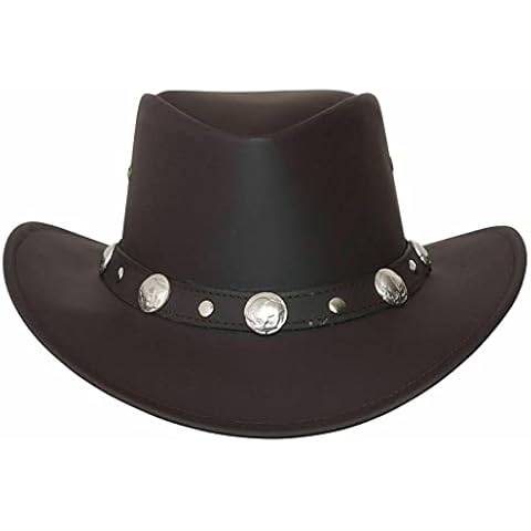 Mens Genuine Leather Aussie Cowboy Western Style Bush Hat Black with Leather Band Concho (L) Cover