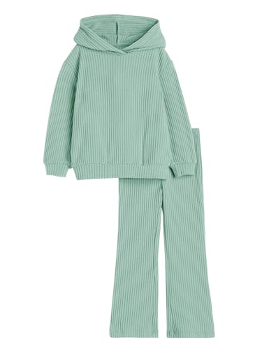 Image of Haloumoning Girls 2 Pieces Outfits Ribbed Knit Hoodies Flare Pants Sweatshirts and Sweatpants Kids Tracksuits 4-14 Years