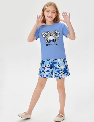 Image of mksodopy Girls Summer Clothse Graphic Print Front and Back High and Low Irregular T-shirt Cycling Shorts Set