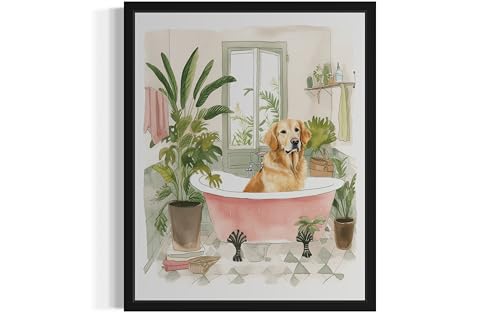 Image of Golden Retriever in Bathtub Black Framed Wall Art Poster Print, Animal Bathtub Restroom Wall Art Painting for Bathroom Decor Gallery Gallery 30 (Golden Retriever in Bathtub, 10 inchL x 8 inchW, Black Frame)