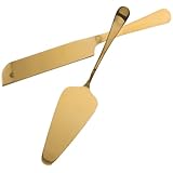 Ciieeo Juego de Cuchillo y Servidor para Pasteles de Acero Inoxidable Dorado Mango Largo, Set para Servir Tartas y Bodas, Utensilios para Repostería y Obsequio Aniversario, Práctico