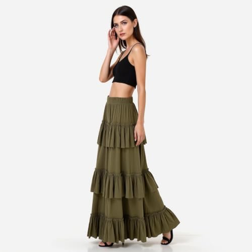 Women's Solid 3-Layer Frill Maxi Skirt – Long Flowing Viscose Skirt, Tiered Boho Style for Casual & Dressy Wear3