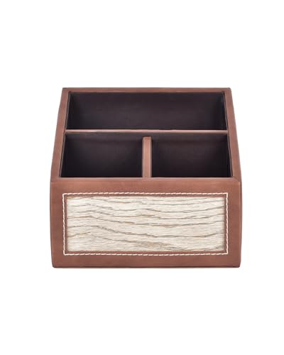Image of Premsons Remote Holder - 3 Section Tabletop Organizer in Light Brown | Faux Leather with Refined Wooden Finish | Decorative & Practical Organizer - Light Brown