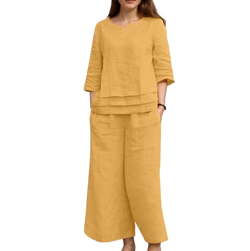 Women Crew Neck Cotton Linen 2 Piece Outfits 3/4 Sleeve Top High Waist Wide Leg Pants Suits Casual Loose Matching Sets