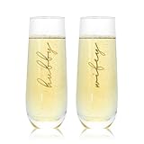 Mr&MrsGifts Hubby and Wifey Champagne Glasses Set of 2 - Stemless Crystal Flutes for Wedding/Anniversary, 10oz Lead-Free Elegant Toasting Cups, 24K Gold Logo, Romantic Gift for Him & Her(A:HW)