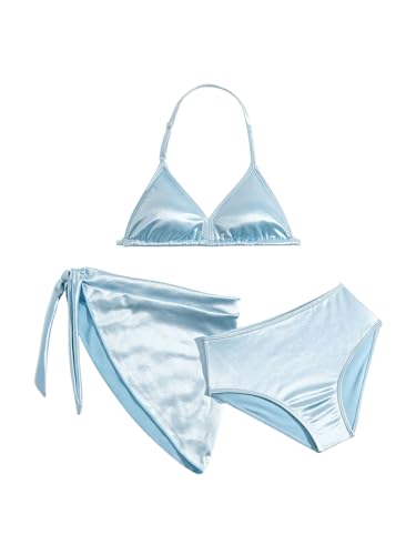 SHENHE Girl's 3 Piece Metallic Bathing Suit High Waisted Halter Triangle Bikini Set with Cover Up