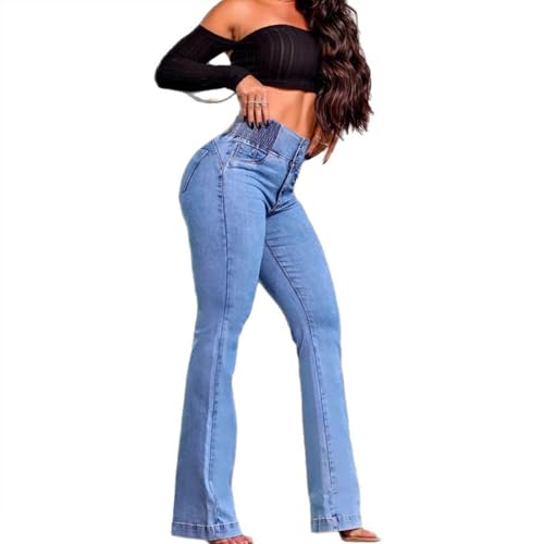 Jean rétro smocké extensible à effet remontant bleu L