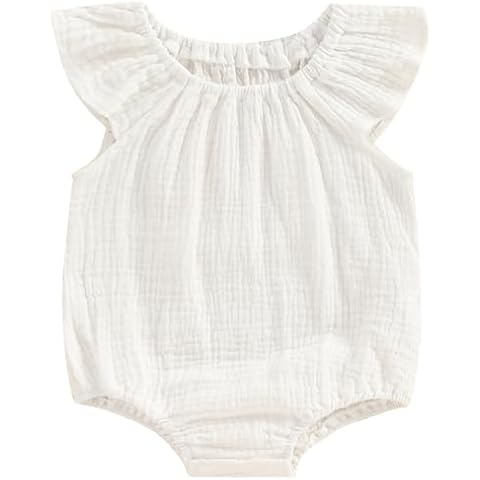 Mubineo Baby Girl Boy Summer Cotton Linen Romper Clothes Basic Plain Ruffle Sleeveless Comfy Rompers Newborn Tops (White, 6-12 Months) Cover