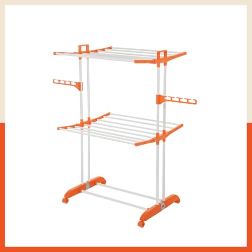 Image of Bathla 2 Level Modular Cloth Drying Stand with Wheels - Rustproof Portable Steel Laundry Rack (Orange - Medium) - Clothes Dryer for Balcony, Indoor & Outdoor Use