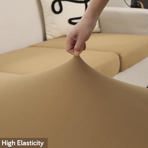 Image of HOKIPO 100% Waterproof Stretchable Elastic 140gsm Sofa Cushion Seat Cover, 2-Piece Seat Cushion Cover, Camel (AR-5352-CML*2)