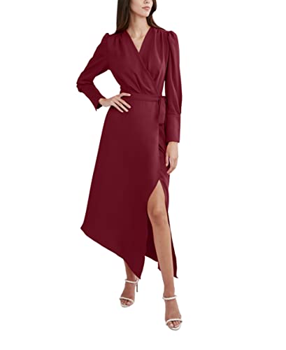 Robe mi-asymétrique ajustée et évasée BCBGMAXAZRIA à manches longues et ceinture