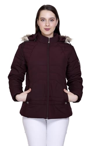 Image of Winter Puffer Jacket with Faux Fur Hood, Quilted, Full Zip, Burgundy