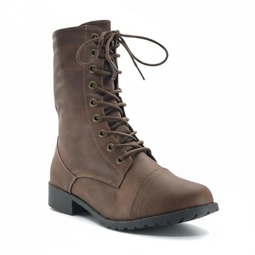 ABSOLEX Womens Lace up Round Toe Low Heel Combat Boots, Brown, 8.5