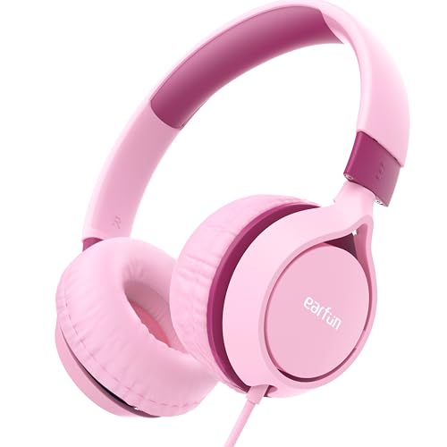 Kids Headphones EarFun Foldable Over-ear Headphones for Kids, 85dB Volume Limiter, Sturdy Design, Stereo Sound, Super Light, Adjustable Headband, Wired Children Headphone for School/Travel/Phone, Pink