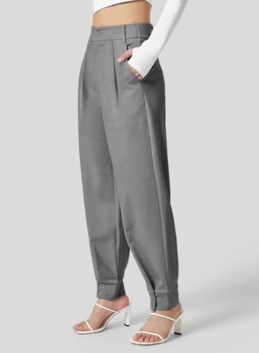 Dokotoo Women's Pants Waffle Classic High Waisted Adjustable Button Hem Business Casual Tapered Pants with Pockets3