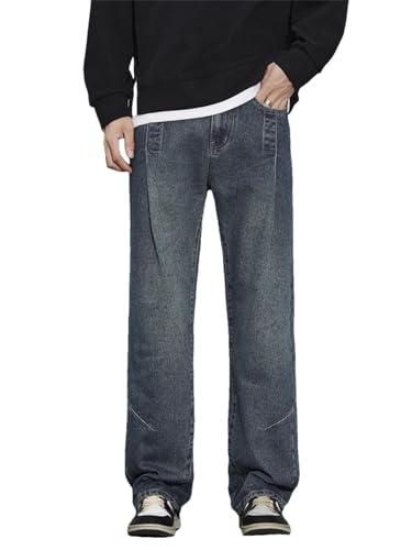 Men Vintage Jeans with Pockets Straight Trousers Distressed Casual Street Denim Pants - Main Image