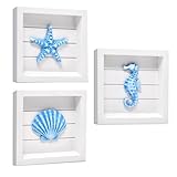 Blue Starfish Seashell and Seahorse (Framed Set of 3) Coastal 3D Wall Art, Beach Wall Decor for Bathroom Bedroom or Beach House Ocean Inspired Seaside Decorations