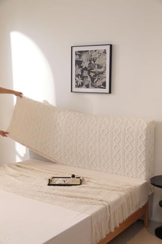 Image of HOMETHREADS Stretchable Lycra /Velvet Headboard Cover | Soft, Dust-Proof & Wrinkle-Resistant Bed Back Protector | Fits Leather, Wooden & Fabric Bedsides | for 5ft to 6.5ft Beds (Cream, 85x65cm)