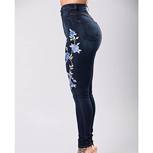 Women's Embroidered Stretch Jeans Rose Flower Slim Skinny Trousers Chic Floral High-Rise Bell Bottom Flare Jeans2
